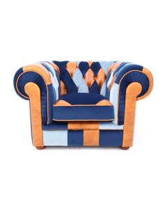 Chesterfield fauteuil denim & velvet patchwork